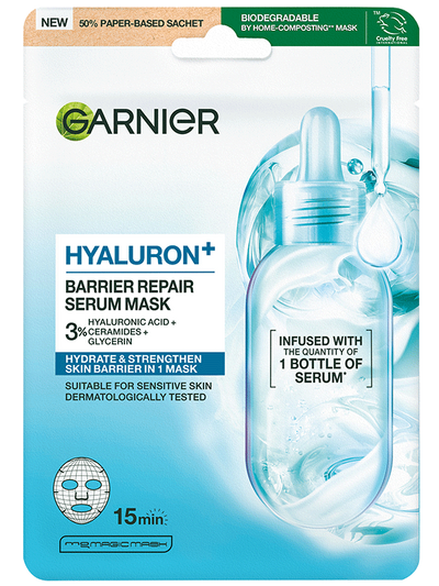 Garnier HYALURON+ textilná pleťová maska na obnovu kožnej bariéry s kyselinou hyalurónovou