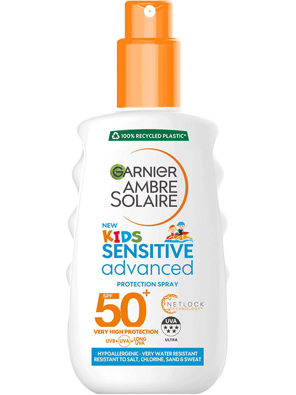 Garnier Ambre Solaire ochranný sprej proti UV žiareniu s veľmi vysokou ochranou SPF50+ na citlivú detskú pokožku, 150 ml
